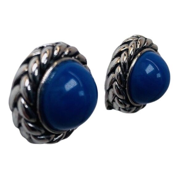 Women’s Royal Blue Twisted Silver Tone Nautical Button Clip On Vintage Earrings - Picture 2 of 7